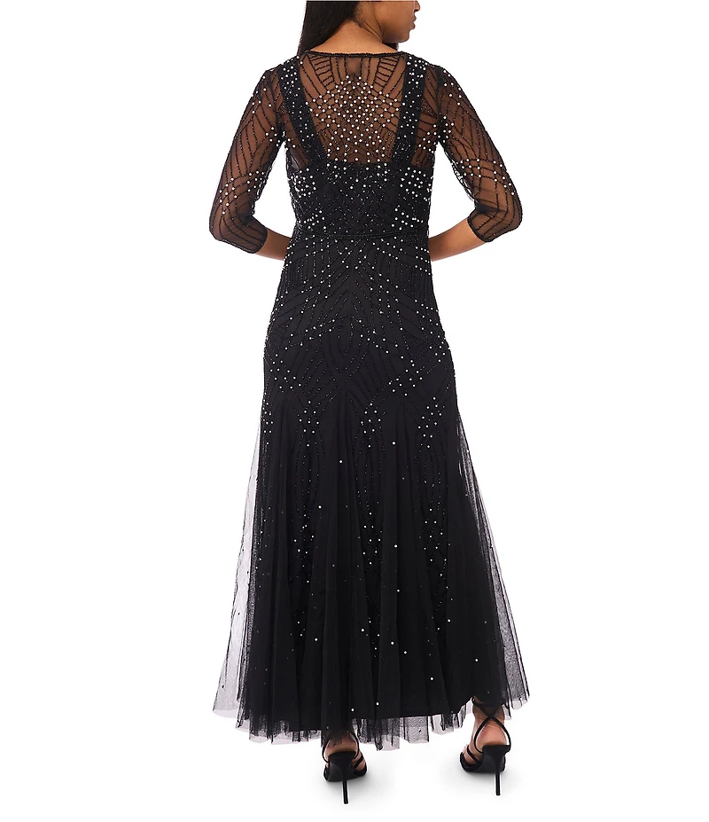Pisarro Nights Pearl Beaded Mesh Crew Neck 3/4 Sleeve Sheath Jacket Dress