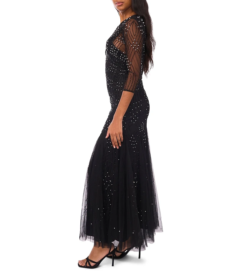 Pisarro Nights Pearl Beaded Mesh Crew Neck 3/4 Sleeve Sheath Jacket Dress