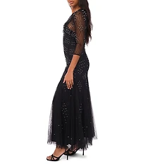 Pisarro Nights Pearl Beaded Mesh Crew Neck 3/4 Sleeve Sheath Jacket Dress