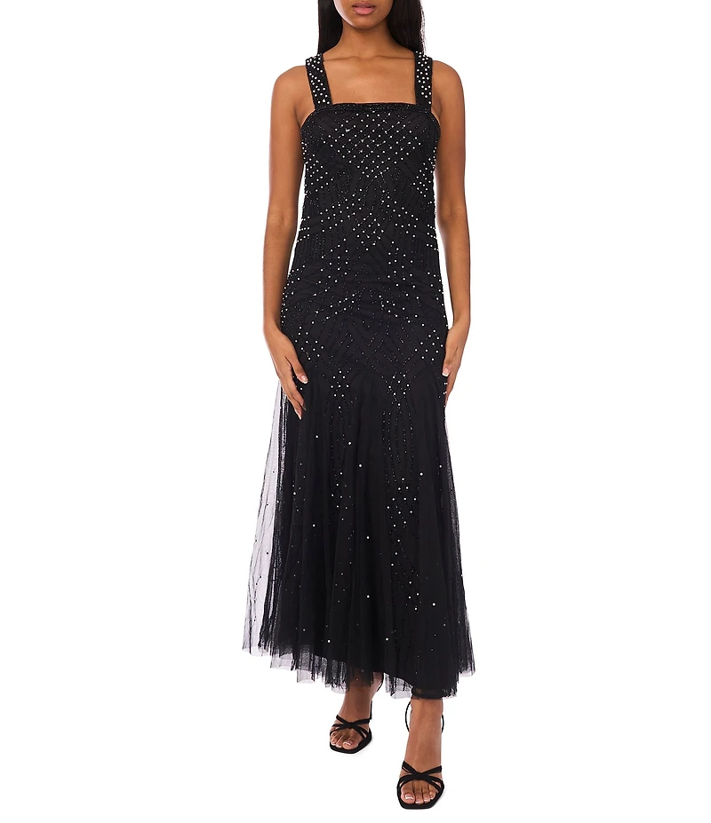 Pisarro Nights Pearl Beaded Mesh Crew Neck 3/4 Sleeve Sheath Jacket Dress