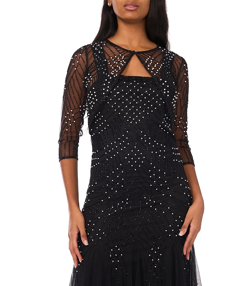 Pisarro Nights Pearl Beaded Mesh Crew Neck 3/4 Sleeve Sheath Jacket Dress