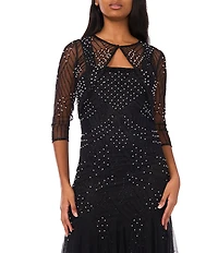 Pisarro Nights Pearl Beaded Mesh Crew Neck 3/4 Sleeve Sheath Jacket Dress