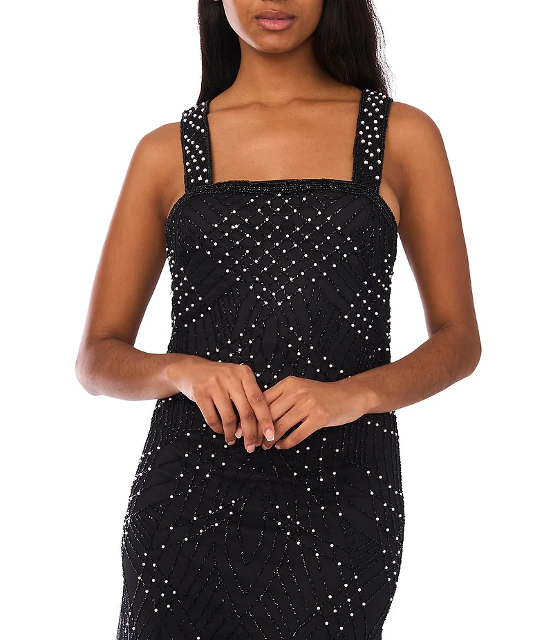 Pisarro Nights Pearl Beaded Mesh Crew Neck 3/4 Sleeve Sheath Jacket Dress