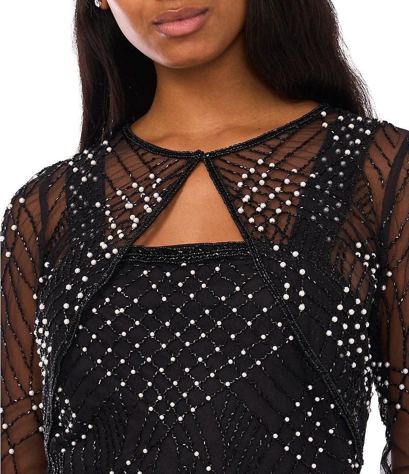 Pisarro Nights Pearl Beaded Mesh Crew Neck 3/4 Sleeve Sheath Jacket Dress