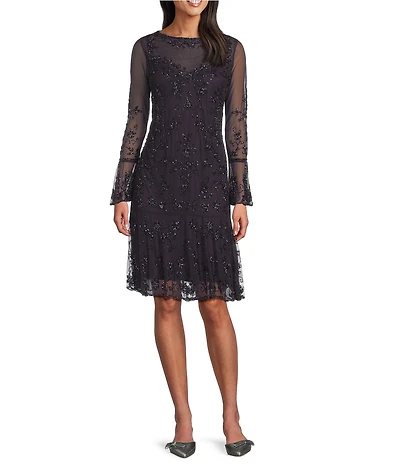 Pisarro Nights Petite Size 3/4 Bell Sleeve Beaded Flounce Dress