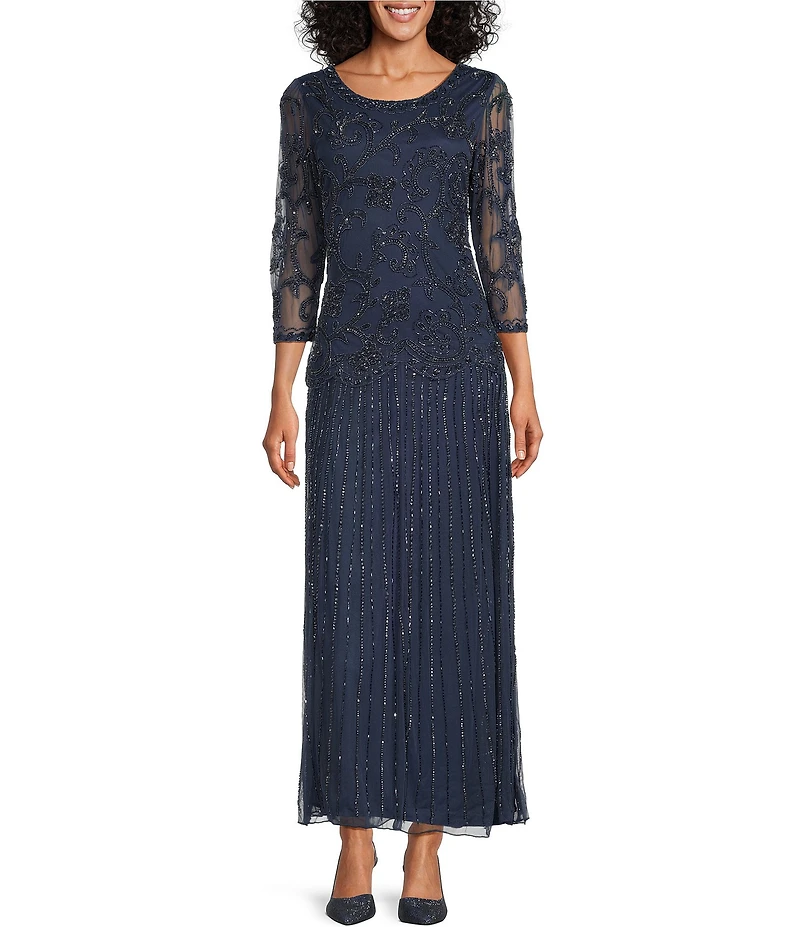 Pisarro Nights Petite Size 3/4 Sleeve Scoop Neck Beaded Mesh Dress