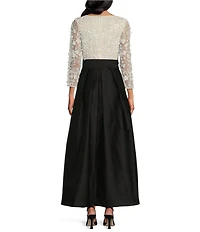 Pisarro Nights Petite Size 3D Floral Beaded Crew Neck 3/4 Sleeve Taffeta Skirt with Tie Sash Ball Gown
