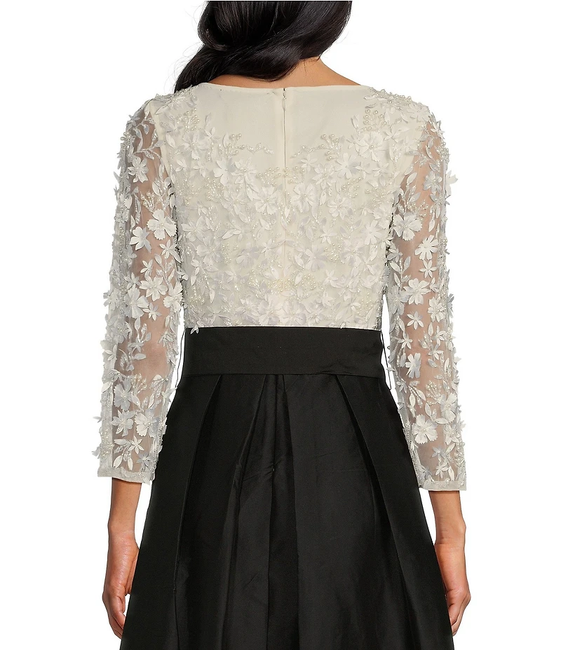 Pisarro Nights Petite Size 3D Floral Beaded Crew Neck 3/4 Sleeve Taffeta Skirt with Tie Sash Ball Gown
