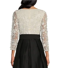 Pisarro Nights Petite Size 3D Floral Beaded Crew Neck 3/4 Sleeve Taffeta Skirt with Tie Sash Ball Gown