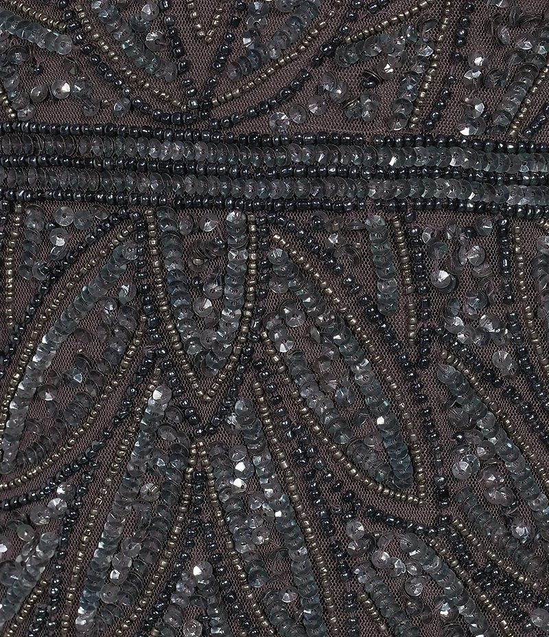 Pisarro Nights Petite Size Allover Beaded Mesh Illusion Neck Long Gown