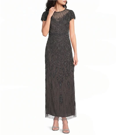 Pisarro Nights Petite Size Allover Beaded Mesh Illusion Neck Long Gown
