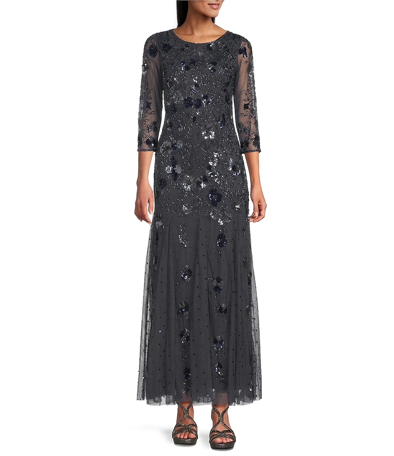 Pisarro Nights Petite Size Beaded Mesh Boat Neck 3/4 Illusion Sleeve Beaded A-Line Gown