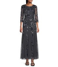 Pisarro Nights Petite Size Beaded Mesh Boat Neck 3/4 Illusion Sleeve Beaded A-Line Gown