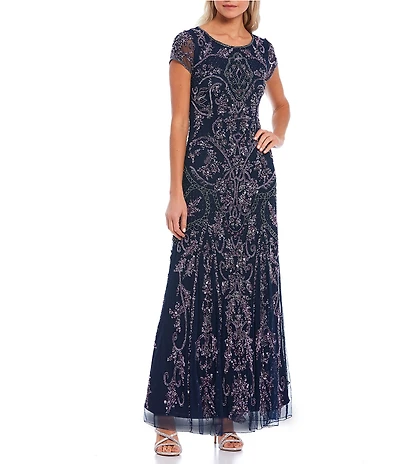 Pisarro Nights Petite Size Beaded Mesh Boat Short Illusion Sleeve Sheath Dress