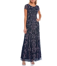 Pisarro Nights Petite Size Beaded Mesh Boat Short Illusion Sleeve Sheath Dress