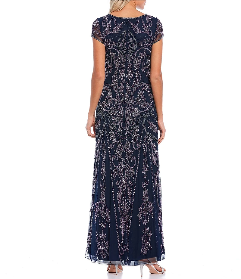 Pisarro Nights Petite Size Beaded Mesh Boat Short Illusion Sleeve Sheath Dress