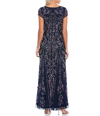 Pisarro Nights Petite Size Beaded Mesh Boat Short Illusion Sleeve Sheath Dress