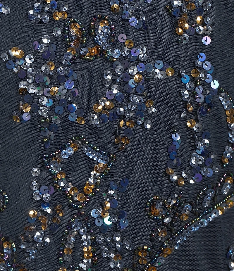 Pisarro Nights Petite Size Beaded Mesh Boat Short Illusion Sleeve Sheath Dress