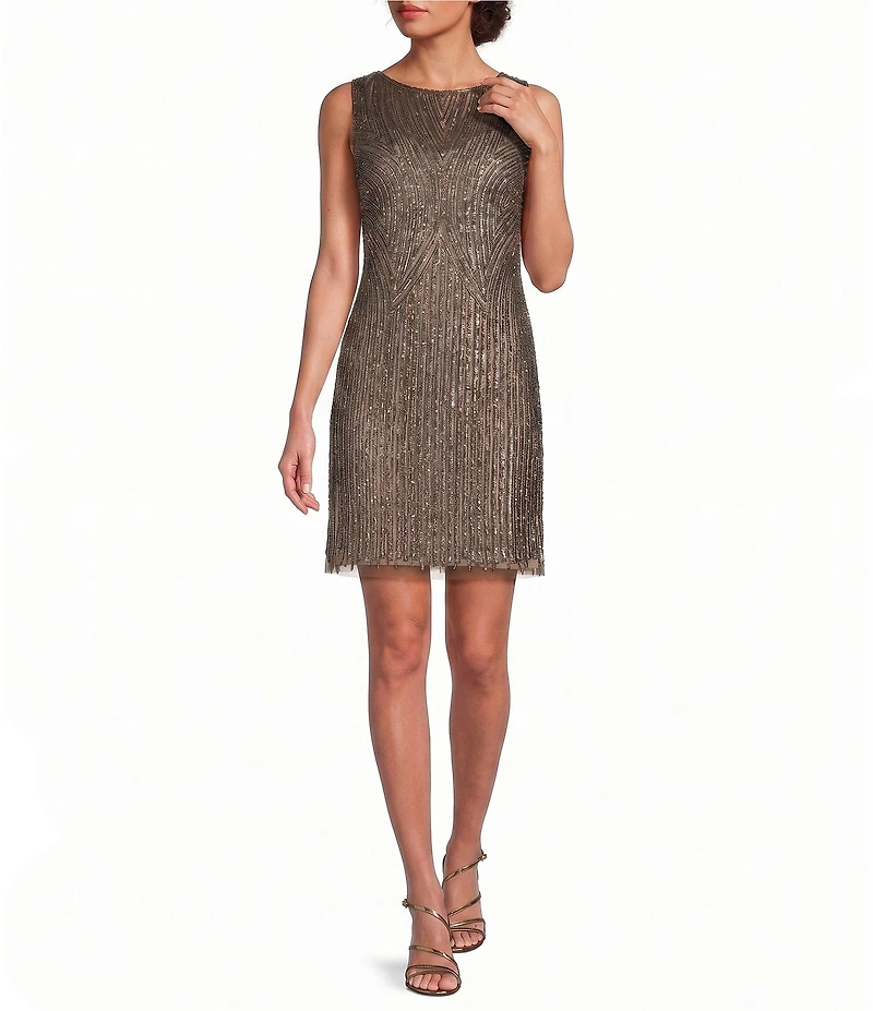 Pisarro Nights Petite Size Beaded Mesh Illusion Neckline Sleeveless Dress