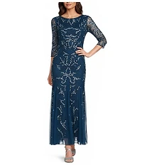 Pisarro Nights Petite Size Beaded Mesh Illusion Crew Neck 3/4 Sheer Sleeve Godet Gown