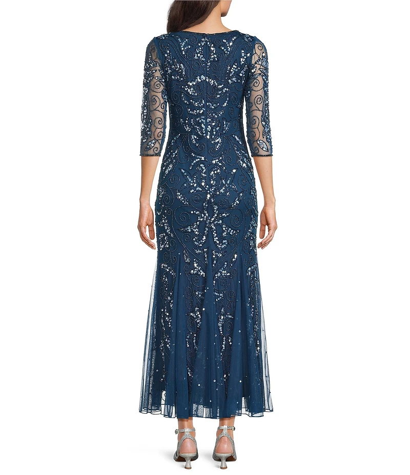 Pisarro Nights Petite Size Beaded Mesh Illusion Crew Neck 3/4 Sheer Sleeve Godet Gown