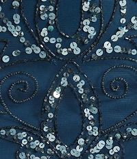 Pisarro Nights Petite Size Beaded Mesh Illusion Crew Neck 3/4 Sheer Sleeve Godet Gown