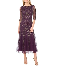 Pisarro Nights Petite Size Beaded Mesh Illusion Crew Neck 3/4 Sheer Sleeve Godet Gown
