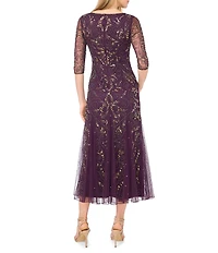Pisarro Nights Petite Size Beaded Mesh Illusion Crew Neck 3/4 Sheer Sleeve Godet Gown