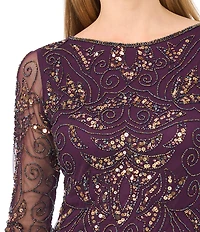Pisarro Nights Petite Size Beaded Mesh Illusion Crew Neck 3/4 Sheer Sleeve Godet Gown