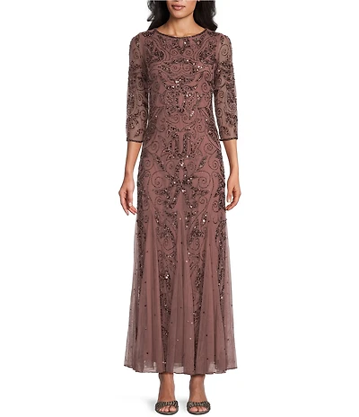 Pisarro Nights Petite Size Beaded Mesh Illusion Crew Neck 3/4 Sheer Sleeve Godet Gown