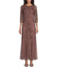 Pisarro Nights Petite Size Beaded Mesh Illusion Crew Neck 3/4 Sheer Sleeve Godet Gown