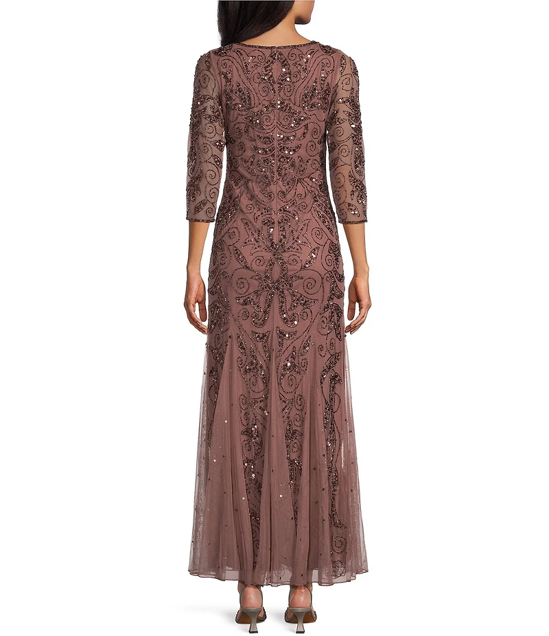 Pisarro Nights Petite Size Beaded Mesh Illusion Crew Neck 3/4 Sheer Sleeve Godet Gown