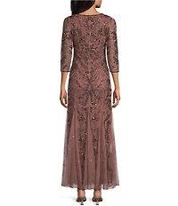 Pisarro Nights Petite Size Beaded Mesh Illusion Crew Neck 3/4 Sheer Sleeve Godet Gown