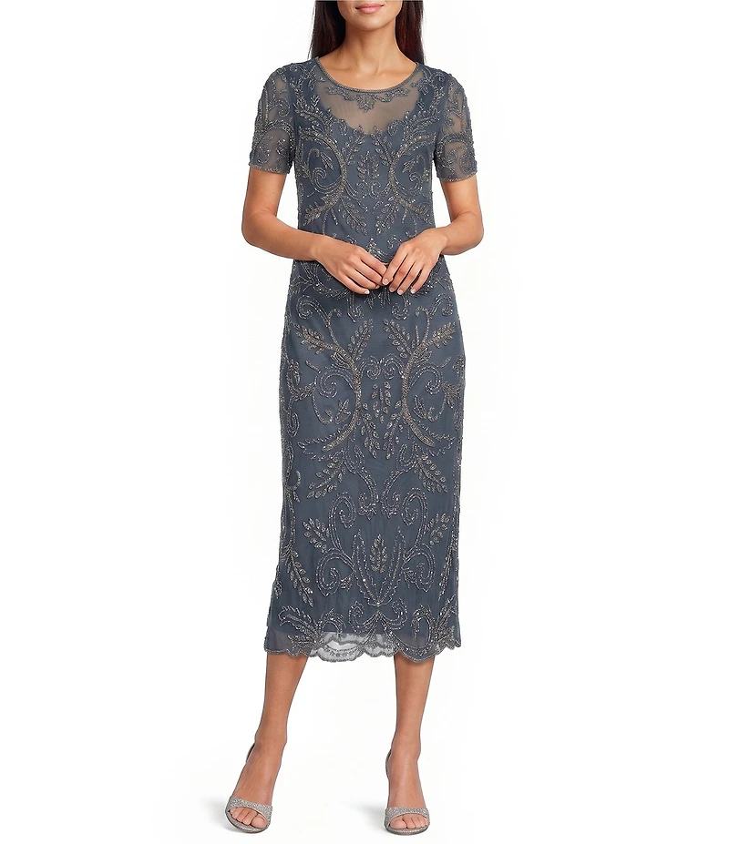 Pisarro Nights Petite Size Beaded Mesh Short Sleeve Midi Dress