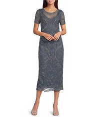 Pisarro Nights Petite Size Beaded Mesh Short Sleeve Midi Dress