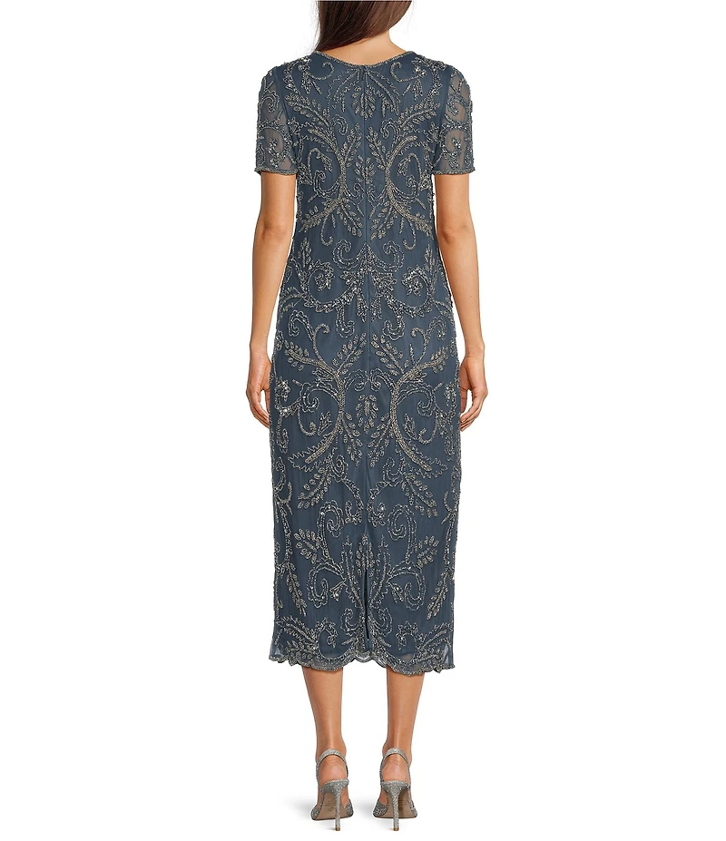 Pisarro Nights Petite Size Beaded Mesh Short Sleeve Midi Dress
