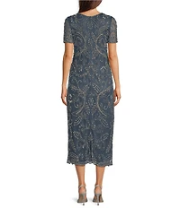 Pisarro Nights Petite Size Beaded Mesh Short Sleeve Midi Dress