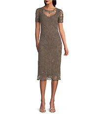 Pisarro Nights Petite Size Beaded Mesh Short Sleeve Midi Dress