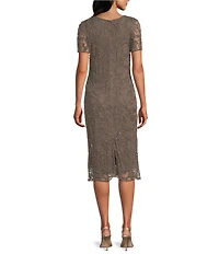Pisarro Nights Petite Size Beaded Mesh Short Sleeve Midi Dress