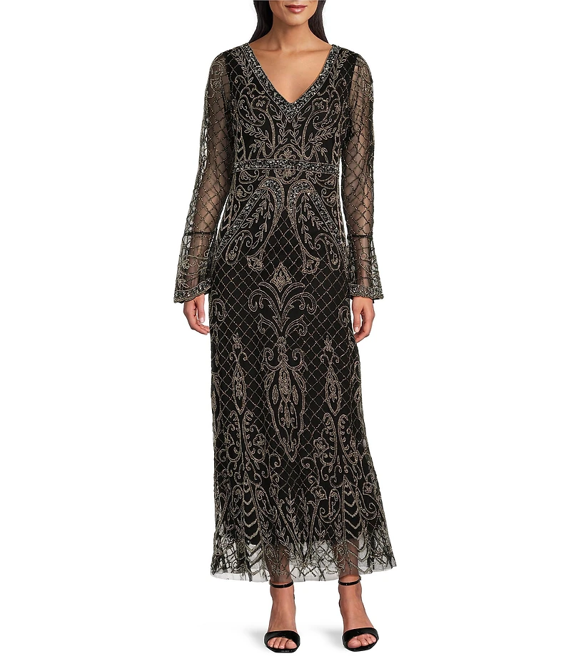 Pisarro Nights Petite Size Beaded Mesh V-Neck Long Bell Sleeve Gown