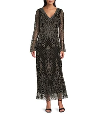 Pisarro Nights Petite Size Beaded Mesh V-Neck Long Bell Sleeve Gown