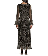Pisarro Nights Petite Size Beaded Mesh V-Neck Long Bell Sleeve Gown