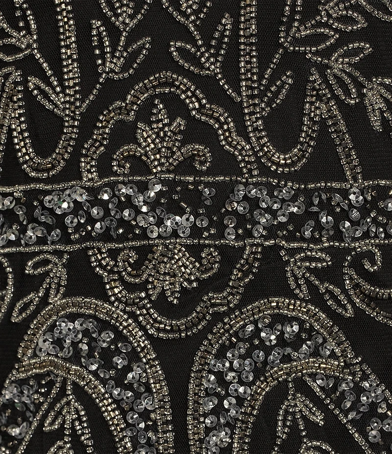 Pisarro Nights Petite Size Beaded Mesh V-Neck Long Bell Sleeve Gown