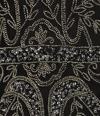 Pisarro Nights Petite Size Beaded Mesh V-Neck Long Bell Sleeve Gown