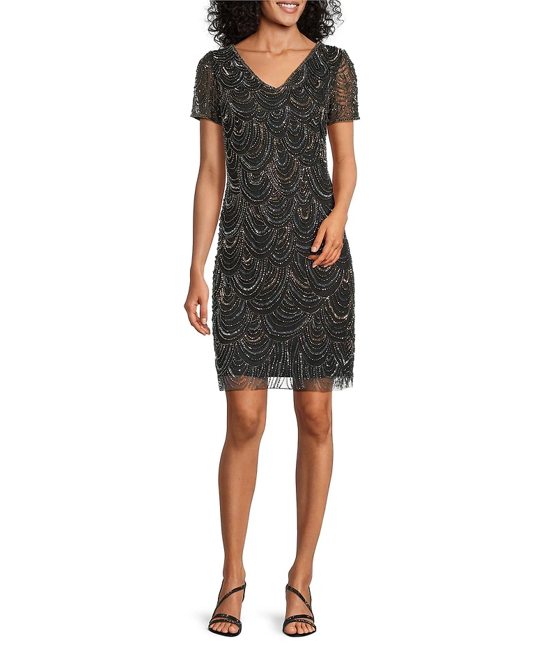 Pisarro Nights Petite Size Beaded Short Mesh Sheath Dress