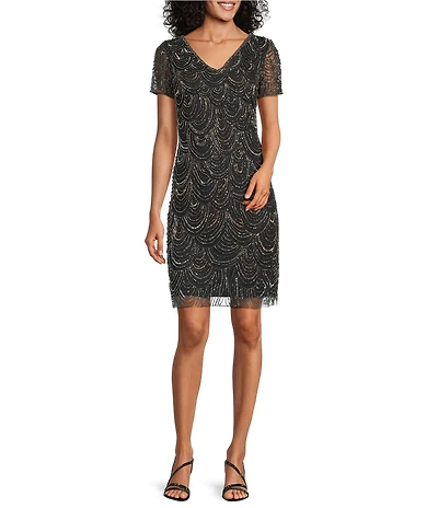 Pisarro Nights Petite Size Beaded Short Mesh Sheath Dress