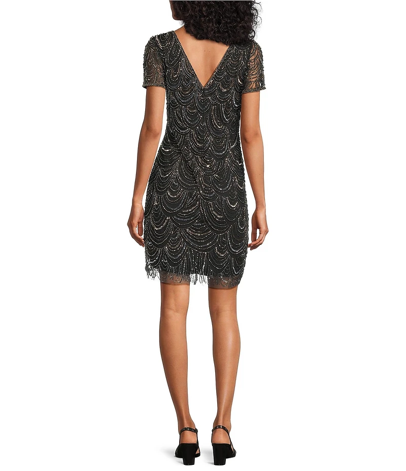 Pisarro Nights Petite Size Beaded Short Mesh Sheath Dress