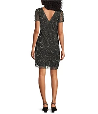 Pisarro Nights Petite Size Beaded Short Mesh Sheath Dress