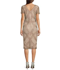 Pisarro Nights Petite Size Beaded V-Neck Short Sleeve Midi Sheath Dress