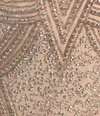 Pisarro Nights Petite Size Beaded V-Neck Short Sleeve Midi Sheath Dress